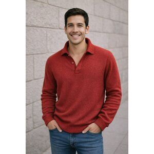 Commons 100% Cashmere Polo Sweater Mens Large Red Long Sleeve